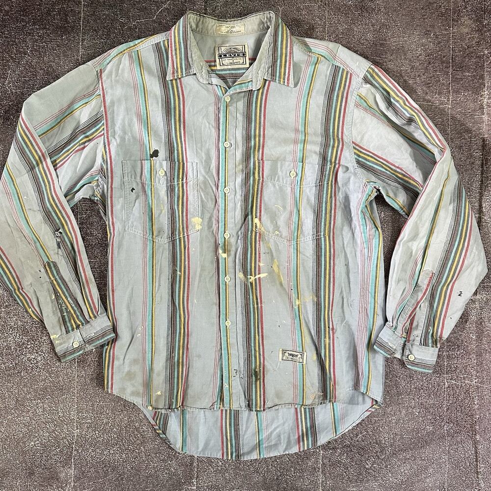 Mens Vintage 70s Levi's USA Powder Blue Striped Distressed Long Sleeve Polo Sz L